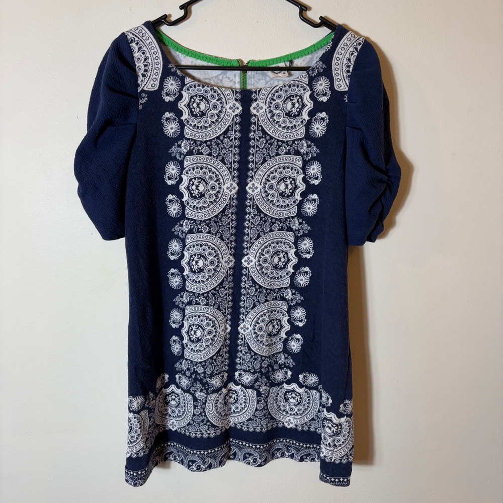 Akemi + Kin Navy Blue White‎ Print Puff Sleeve Dress Bohemian Size Small